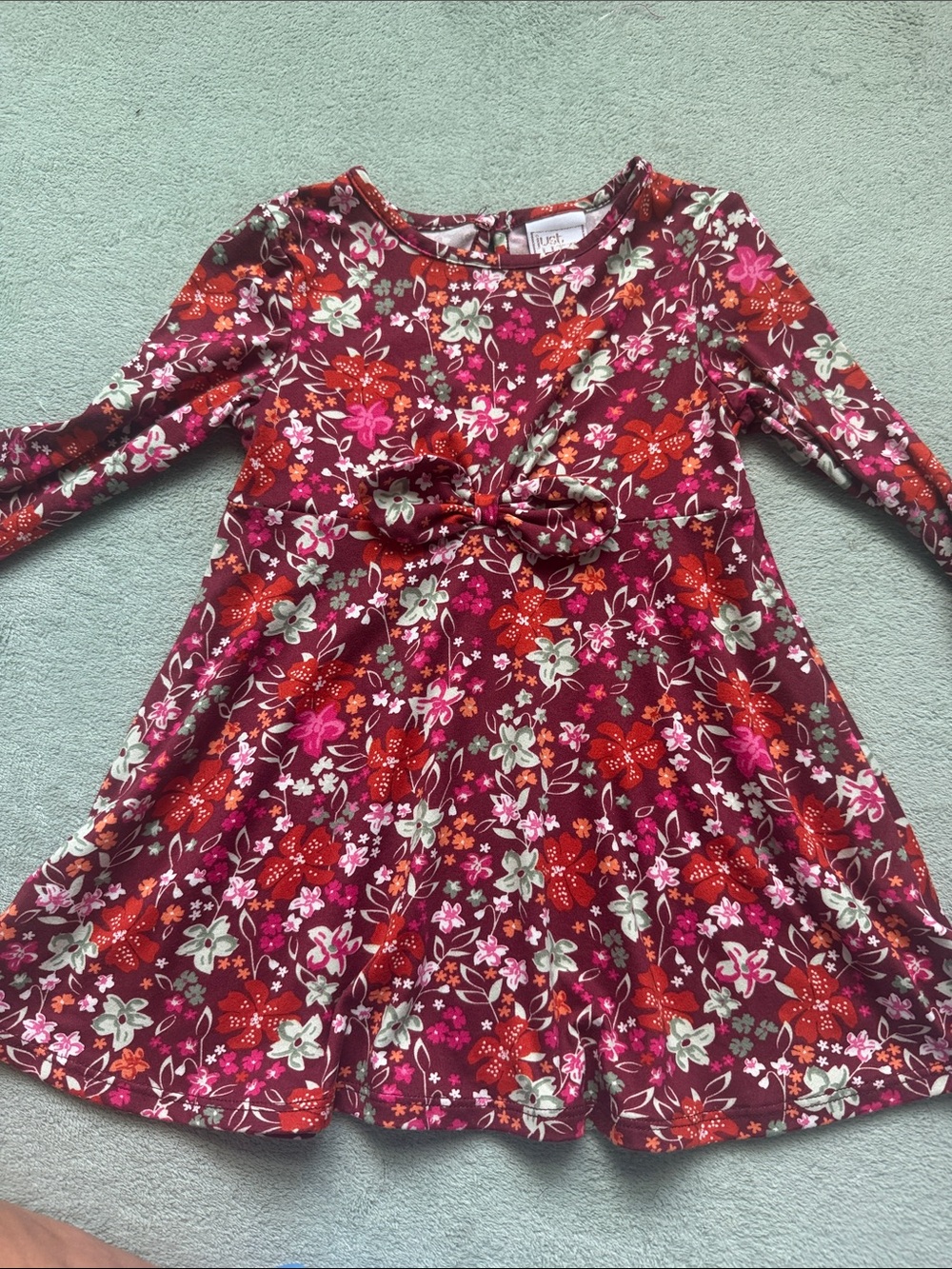Kids Floral Tie-Front Long Sleeve Dress - Burgundy